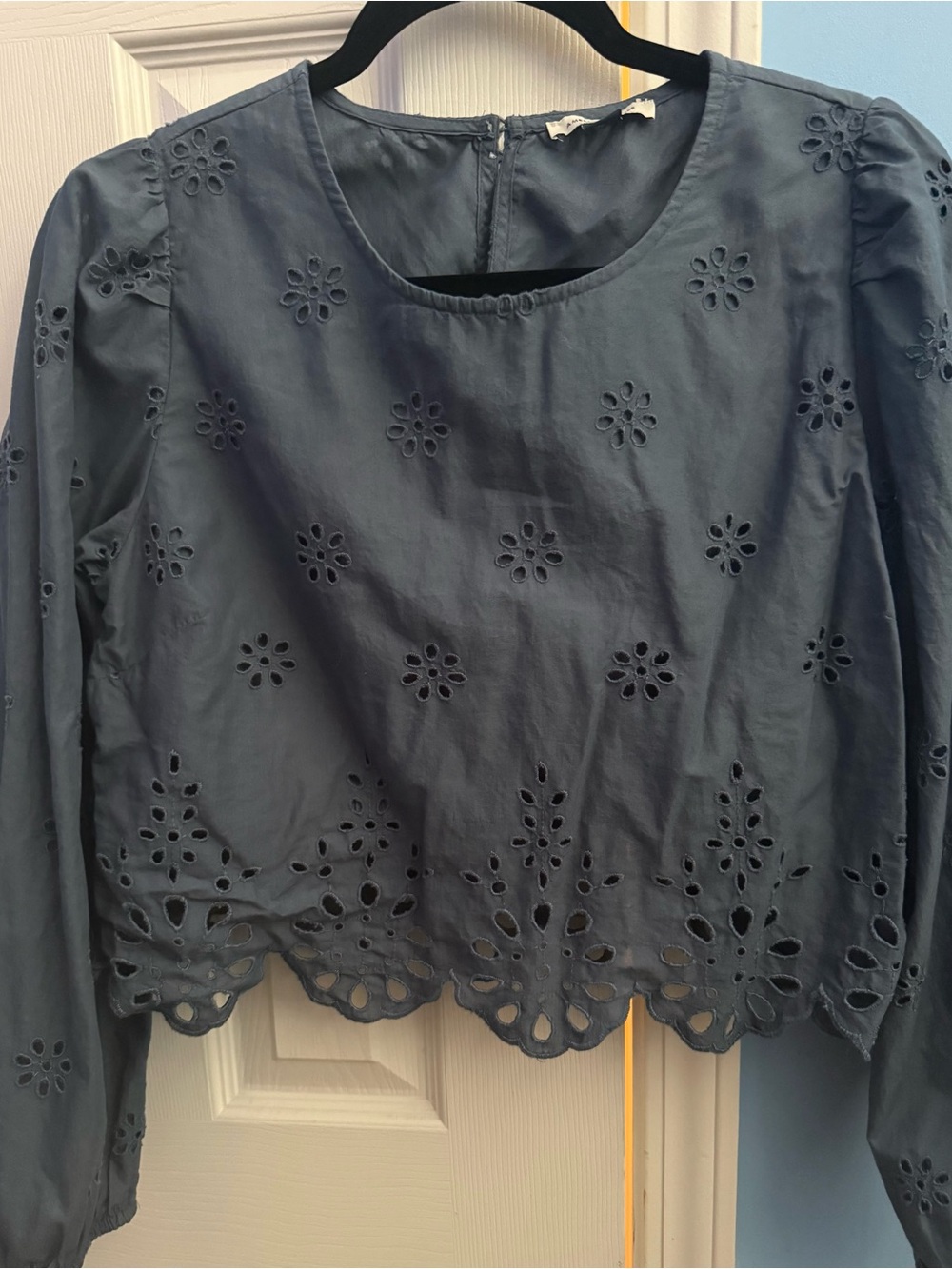 Womens Navy Eyelet Long-Sleeve Crop Top